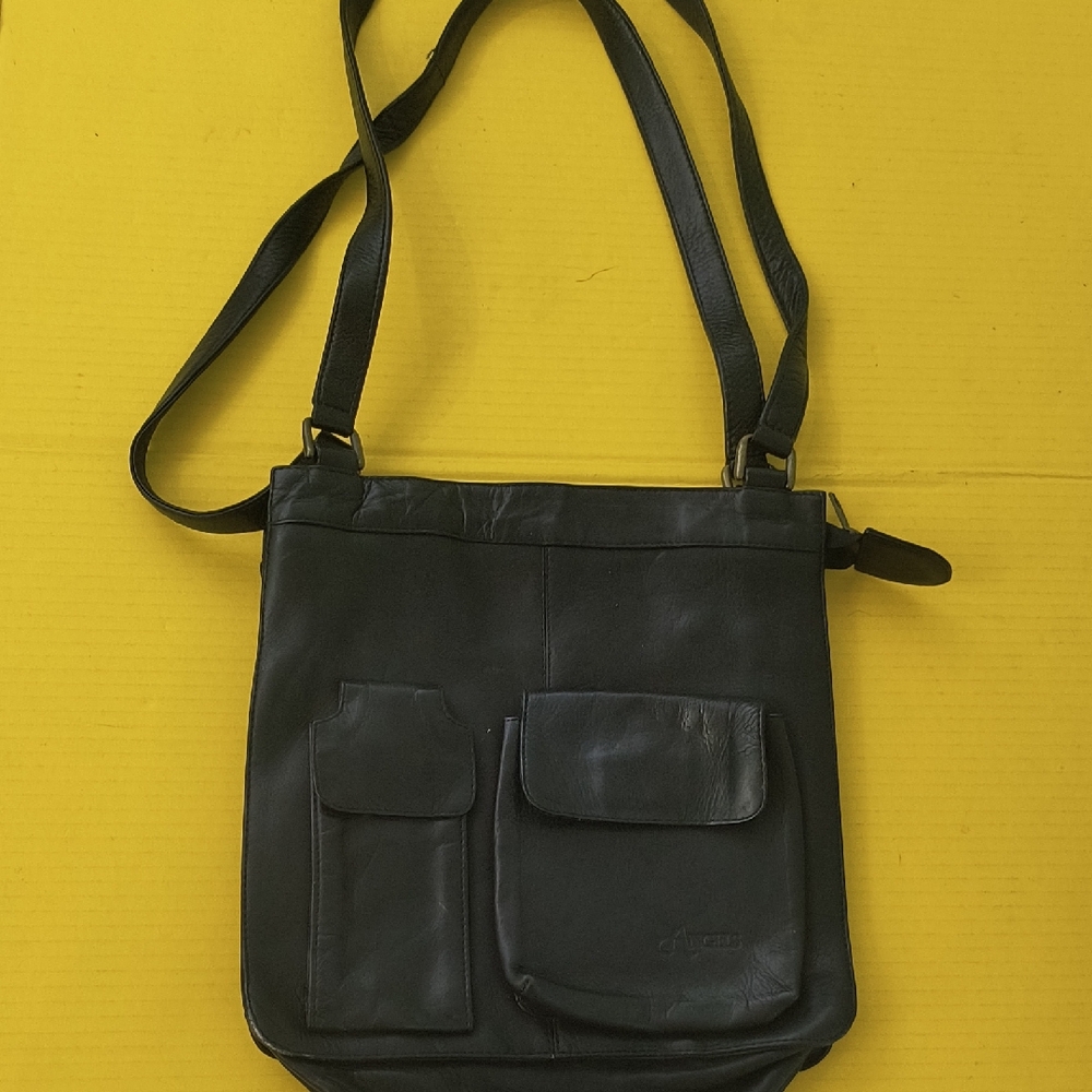 Angels Black Leather Messenger Bag